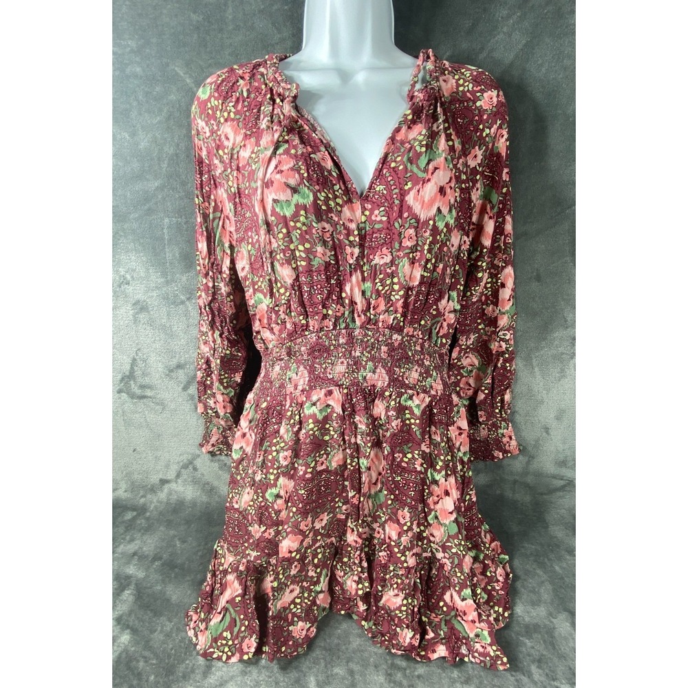 Garden Floral Mini Dress Womens M Red Sleeve Smocked‎ Prairie Ditsy Boho V Neck